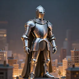 statue knight, chrome reflect, calming, uplifting mood, ultra realistic, funny, small buildings, highly detailed, epic lighting, illuminated, cinematic, art by eddie mendoza