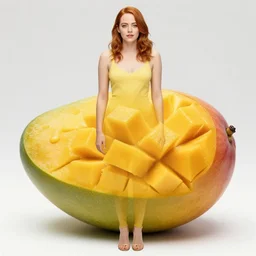 emma stone, fused with a mango fruit, full shot photo, photoshopped, ripe fruit