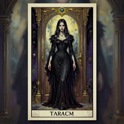 a painting of a woman standing in front of a door, poster art by gerald brom, deviantart, gothic art, tarot card, poster art, hall of mirrors, masterpiece, fantasy art, artstation hq