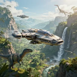 hyperrealistic alien spaceships flying over dinosaur, mountains, greenery, waterfall, artstation, an epic fantasy, cinematic lighting, hyper realistic, photographic, artstation