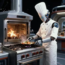A film still from a 1990s sci-fi film :: A Robot Chef cooking a meal on a high end Gas Stove Oven on board a space ship, spaceship, oven, robot chef, fancy, futuristic, technology, realistic, 80k, 8mm, Grainy, Panavision