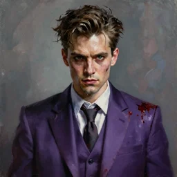 A hyper realistic oil painting of a man in his twenties dressed in a purple suit, clean shaven, insane sharp looking face, messy hair, blood on the suit, by Greg Rutkowski, trending on artstation, 4k, creepy lighting