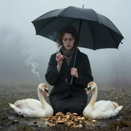 photographic portrait of sad max ernst woman swan dried melting floral fungus with spiraling cigarette smoke, holding an umbrella and a swan, in fog, editorial