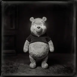 daguerreotype photograph of [ winnie the pooh ] with light coming out of his eyes standing creepily in the middle of a pitch black room, pitch black, creepy, dramatic lighting