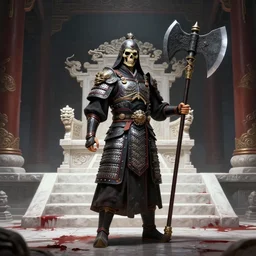 tang dynasty mingguang armor, skeleton general, a long sword, a giant axe, dark fantasy palace of bad omens, a chinese throne, white stone steps seeping blood, 3 d, unreal engine, maxfield parrish and marco mazzoni, trending on artstation