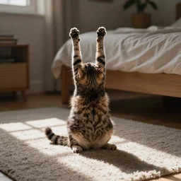 the legs of a cat sticking up from the carpeted floor of a bedroom, no body