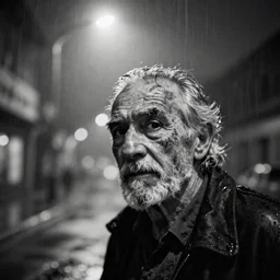 Monochrome portrait of an intense old man with facial tattoos on a rainy misty street at night, the only light source is a bright overhead street light, close-up, motion blur, grainy Tri-X pushed to 3200, 24mm tilt-shift, water drops on the lens, holga