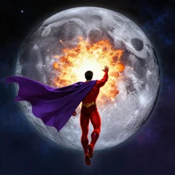 muscular man in red superhero costume with flowing purple cape hovers in the air in the foreground facing away from the camera reaching towards the background, magneto, in the background a massive metal silver moon has a massive explosion inside the moon, death star, nebula environment, cinematic, graphic novel, matte fantasy painting, 4k, DeviantArt Artstation