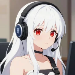 anime portrait of white long haired red eyed young cute girl wearing headset by'ponkan 8'