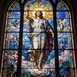 stained glass window with image of ascending god from heavens, highly detailed 4 k art, surreal, fantasy, breath taking art, artstation, cinematic lighting, detailed, artgerm, rutkowski, magali villeneuve, cinematic, elegant, intricate