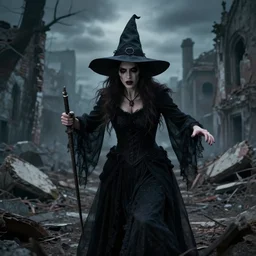 a witch regretting her actions as she sees her curse left the city in ruins.