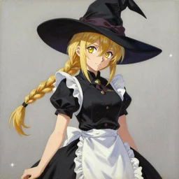 portrait of marisa kirisame is young witch with blonde hair with single braid and golden yellow eyes, wearing black vest and skirt, white waist apron and undershirt, and pointed black witch hat, yoshitaka amano thoma greg rutkowski alexandros pyromallis oskar shlemmer nekro illustrated art by ashley wood, detailed painting, shimmer oil on canvas artstation