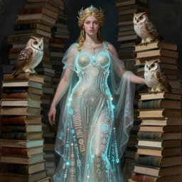 a portrait jenna dewan as the goddess minerva surrounded by stacks of books, and owls, bioluminescent gown with deep level of detail of esoteric symbols, urban motifs, intricate, elegant, highly detailed, digital painting, trending on artstation, concept art, smooth sharp focus, illustration, art by artgerm and greg rutkowski