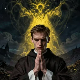 Close up of a young, thin and stern catholic priest in his thirties fervently praying as he is about to die from the ominous terrifying Lovecraftian yellow shadow descending upon him from the night sky. Low angle, dramatic lighting. Art by Greg Rutkowski and Alphonse Mucha