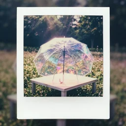 a pastel coloured polaroid photo of a parasol on a platform, both made of transparent iridescent perspex stood centrally in a field, beams of light, nostalgic