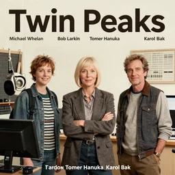 Twin Peaks poster artwork by Michael Whelan, Bob Larkin and Tomer Hanuka, Karol Bak of portrait of radio host Tilda Swinton hanging out in her studio radio sound booth, from scene from Twin Peaks, simple illustration, domestic, nostalgic, from scene from Twin Peaks, clean, cover of New Yorker magazine