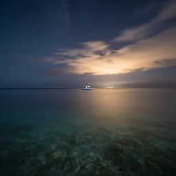 Calmed clear waters on an infinite sea at night with visible stars, dawn lone yatch