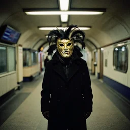 fujifilm superia photo of puppet with scary venetian mask, in the empty london underground, dirty, grainy, liminal