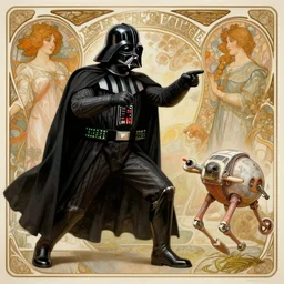 a detailed picture of darth vader playing fetch with an at - at, intricate, elegant, highly detailed, digital painting, artstation, concept art, matte, sharp focus, illustration, art by rebecca guay and by arthur rackham and by alphonse mucha and by john william waterhouse