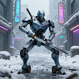 a samurai robot with wheel legs gripping a perfectly detailed katana in their hand with a badass pose. Snowy Grungy neon cyberpunk alleyways in the background Badass pose , Photo realistic , Gregory Crewdson , Award winning. Masterpiece, exquisite detail, post processing