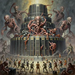 oil paint of 1 1 machines as ibm 3 6 0 mainframe organic flayed gods in tiers, colossal medical gangrene machines in tiers, dethroning / we machines / melee, battle pit, by shigeru komatsuzaki, wayne d barlowe, stefano tamburini, ember light, muted colors, epic, hyper detailed, awe inspiring, award winning horror, narrative