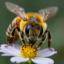 super macro of a bee face drinking from a flower in the forest. fantasy magic style. highly detailed 8 k. intricate. nikon d 8 5 0 3 0 0 mm. award winning photography.