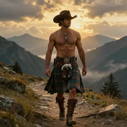 an epic dramatic ethereal painting of a handsome desi cowboy on a mountain path. he has a muscular build and is wearing a scottish plaid kilt and cowboy hat | background is mountains and clouds | homoerotic, golden hour, dramatic lighting | by louis comfort tiffany, by clyde aspevig, by albert bierstadt | trending on artstation