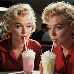 film still of marilyn monroe drinking a milkshake in mcdonalds, focus on faces, cinematic lighting, unreal engine, steve mccurry, volumetric lighting