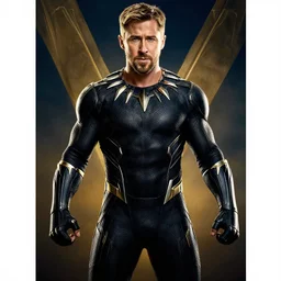 poster of Ryan Gosling as Black Panther, movie awards, heroic pose photo, dramatic lighting