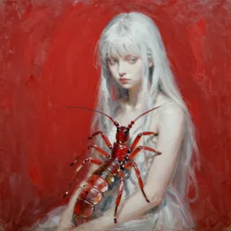 a portrait of an intensely lit scolopendra girl modeling, red, oil painting, pale colors, high detail, 8 k, wide angle, trending on artstation,