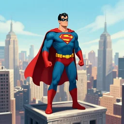 superhero captain chuckles stood on the top of a building overlooking new york, marvel style