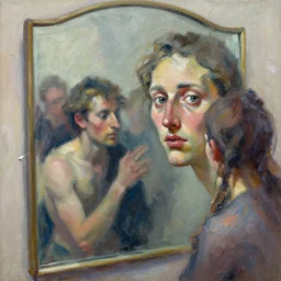 highly detailed expressionist oil painting of a mirror!!!! reflection of a people, expressive, impasto, pastel shades, rough canvas textured, dynamic pose, top lighting, loose brush strokes, perfect face, hyper detailed face, digital painting, artstation, concept art, hyper detailed eyes, art by sam spratt and peter mohrbacher and james jean