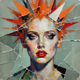 languid temptation. paper collage with shattered glass texture in style of contemporary art, punk art, photorealistic face, expressionism, masterpiece, perfect composition, photorealistic beautiful face, spectacular quality, intricate oil details, orange, red, white, green, black