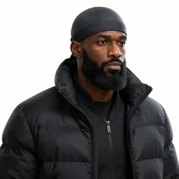 concept art render of a handsome black athlete with a big beard wearing a dark gray durag and a zipped up black puffer winter coat, beautiful, fantasy, on a white background, cinematic lighting, artstation, trending, highly detailed, focus, smooth, by studio ghibli, rossdraws, hirohiko araki, conrad roset, yoshitaka amano