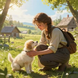 cinematic shot epic portrait an female traveller pets a puppy near a village, sunny, cute, fluffy, broad light, ambient occlusion, volumetric light effect, made by ivan aivazovsky, peter mohrbacher, greg rutkowski, matte painting, trending on artstation, 4 k, perfectly defined features, digital painting, cinematic, epic, highly detailed,