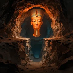 a large and dark cave, underground, in egypt, the floor is steep and at the end ahead there is an abyss, above the abyss floats a huge head ( without a body ) of an egyptian figure of nefertiti, it is all orange and has a divine aura megalophobia, digital art, synthwave, artstaion
