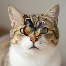 a photograph of a cat with a butterfly on its nose