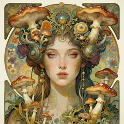 face portrait photo of the gorgeous young cyberpunk goddess of mycelium networks, fungi, mushrooms, flowers and plants, emotionally evoking symbolic metaphors, head in focus, ornamental, intricate, elegant, artstation, concept art, painterly, rule of thirds, sharp focus, art by h. r. giger, ernst haeckel, sam spratt, alphonse mucha,
