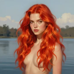 emily rajtkowski, lake, red, flaming hair, highly detailed, digital painting, artstation, concept art, smooth, sharp focus, illustration, art by artgerm and greg rutkowski and alphonse mucha