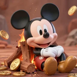 mickey mouse laying down with arms crossed on a pyre of wood with coins over their eyes