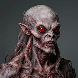 renaissance above the shoulder portrait of monster with pale cracked skin, red eyes, infested face tentacles and bad swollen skin