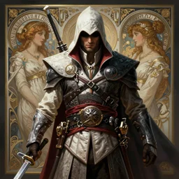 geralt dressed as an assassin from assassin's creed 2, d & d, fantasy, intricate, elegant, highly detailed, digital painting, artstation, concept art, matte, sharp focus, illustration, hearthstone, art by artgerm and greg rutkowski and alphonse mucha