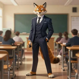 full body photograph of a male anthropomorphic lynx fursona wearing a nice suit in a school classroom, deep focus, intricate, elegant, highly detailed, digital painting, artstation, concept art, matte, sharp focus, illustration, d & d, fantasy, hearthstone, art by artgerm and greg rutkowski and alphonse mucha