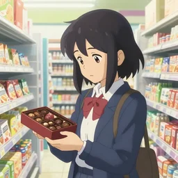 At the end of the world, a high school girl holding and looking at a box of chocolates inside a convenience store, Makoto Shinkai style