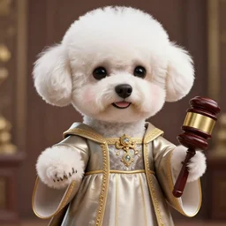 a closeup photorealistic illustration of a bichon frise justice dressed in a gown and holding a gavel. this 4 k hd image is trending on artstation, featured on behance, well - rendered, extra crisp, features intricate detail and the style of unreal engine.