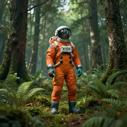 american astronaut in the forest in orange and teal suite, plants environment wide angle cinematic lighting atmospheric realistic octane render highly detailed, octane render, in the style of craig mullins