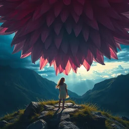 closeup giant dahlia flower over head, girl standing on mountain, surreal photography, blue storm clouds, dramatic light, impressionist painting, digital painting, artstation, simon stalenhag