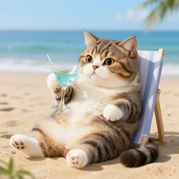 photo of an anthropomorphic cat chilling out on the beach and drinking a martini