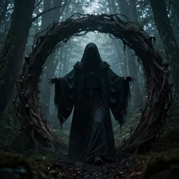 photo of a mystical figure in occult robes in a dark misty forest opens a portal to hell, highly detailed, horror, epic