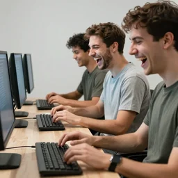 several guys typing prompts on keyboards and laughing really hard, wide open mouth, studio lighting, photorealistic